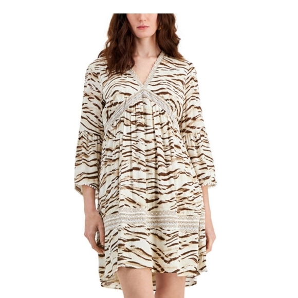 Inc New Women's Tiger Print Bell Sleeve Mini Boho Festival Dress, Size M Beige - Picture 3 of 16
